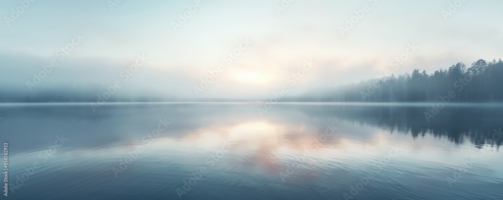 A tranquil landscape of a misty lake at sunrise with gentle reflections of the sky and distant trees on the calm water surface. A tranquil landscape of a misty lake at sunrise with gentle reflections of the sky and distant trees on the calm water surface.