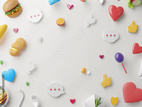 Modernes Werbebanner mit Plastikspielzeug Essen und weiteren Utensilien. Geeignet für Einladungskarte oder Werbeschild photo