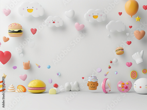 Modernes Werbebanner mit Plastikspielzeug Essen und weiteren Utensilien. Geeignet für Einladungskarte oder Werbeschild photo