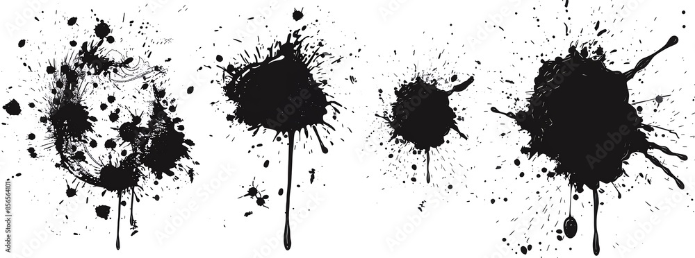 Fototapeta premium A set of four black ink splatters isolated on a white background, perfect for creative design and artistic projects.
