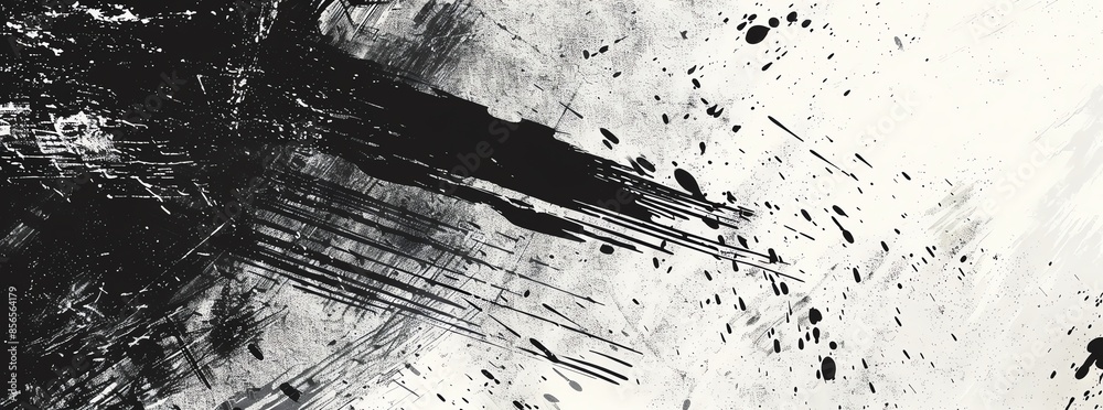 Abstract black and white artistic background with expressive brush strokes and splatters creating a dynamic, textured look. Abstract black and white artistic background with expressive brush strokes and splatters creating a dynamic, textured look.
