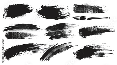 A variety of black ink brush strokes and a paintbrush on a white background. Perfect for digital painting and graphic design projects.