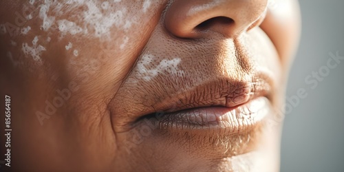 Closeup of vitiligo age pigment spots on old human face skin. Concept Skin Conditions, Aging, Close-up Photography, Elderly Subjects photo