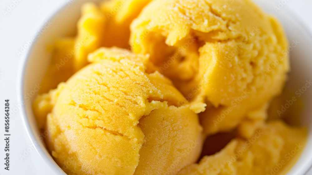 Chic turmeric and coconut sorbet, a closeup of chic turmeric and coconut sorbet, its bright yellow color and creamy texture against a white background Chic turmeric and coconut sorbet, a closeup of chic turmeric and coconut sorbet, its bright yellow color and creamy texture against a white background