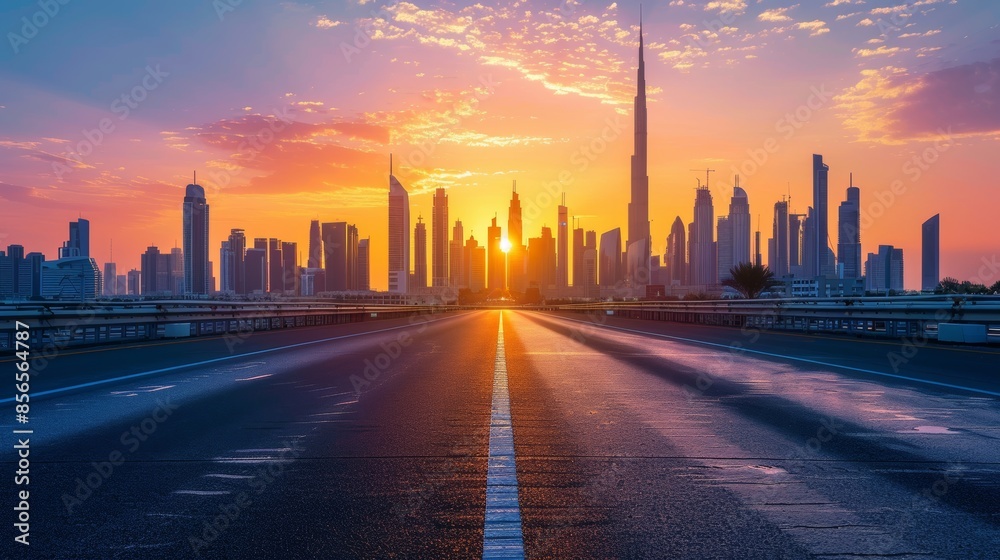 Modern city skyline viewed from an asphalt highway bridge at sunrise, raw and vivid detail, warm hues Modern city skyline viewed from an asphalt highway bridge at sunrise, raw and vivid detail, warm hues