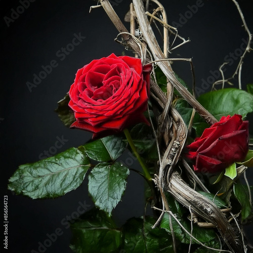 blood red roses on a curly vine, ivy. thorns and green leaves. dry curly branches. toxic rel photo