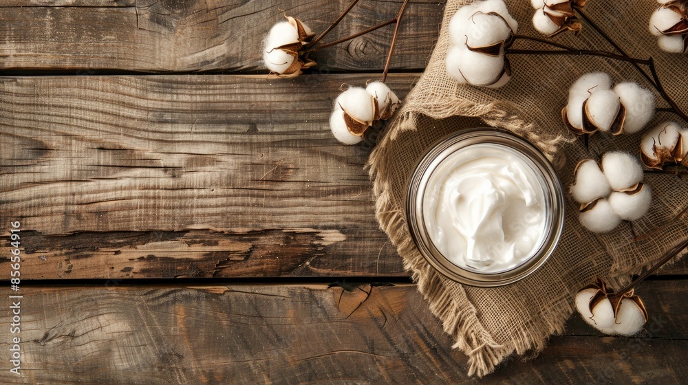 Facial cream opened on cotton napkin on wooden background Text space provided Facial cream opened on cotton napkin on wooden background Text space provided