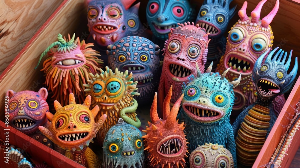 Fototapeta premium Monster-filled magic box, cute and playful creatures in vibrant colors, raw and intricate details, enchanting and fun