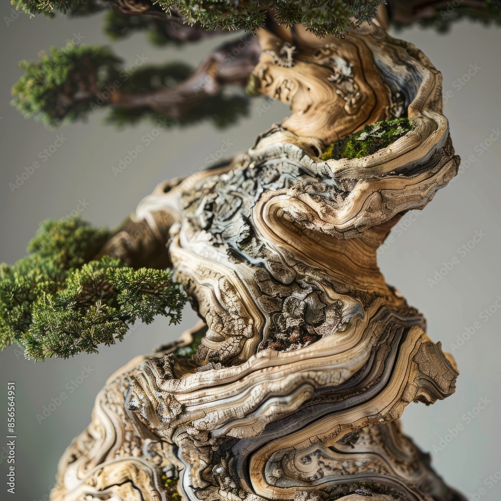 Obraz premium Captivating Close-Up of a Bonsai Tree Highlighting Its Distinctive Bark and Leaves