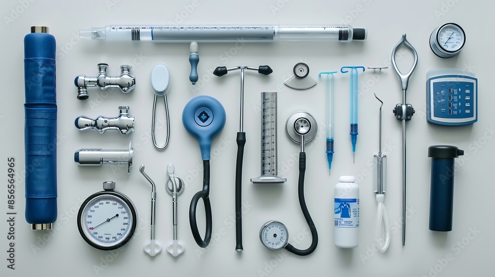 Overhead shot of medical instruments, including blood pressure monitor and otoscope, on a white surface, professional setup, raw style Overhead shot of medical instruments, including blood pressure monitor and otoscope, on a white surface, professional setup, raw style