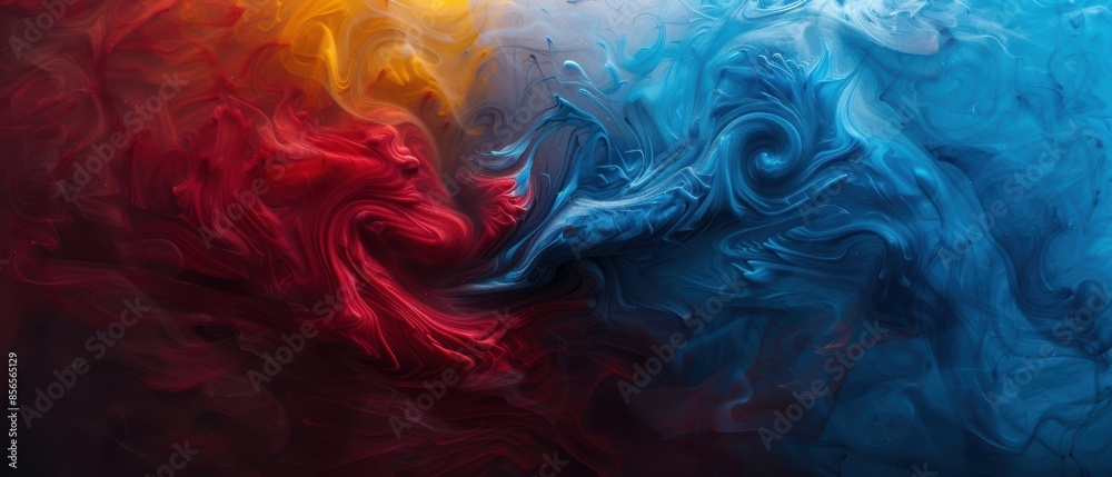 Colorful abstract fluid art featuring a blend of vibrant red, blue, and yellow hues creating dynamic swirling patterns. Colorful abstract fluid art featuring a blend of vibrant red, blue, and yellow hues creating dynamic swirling patterns.