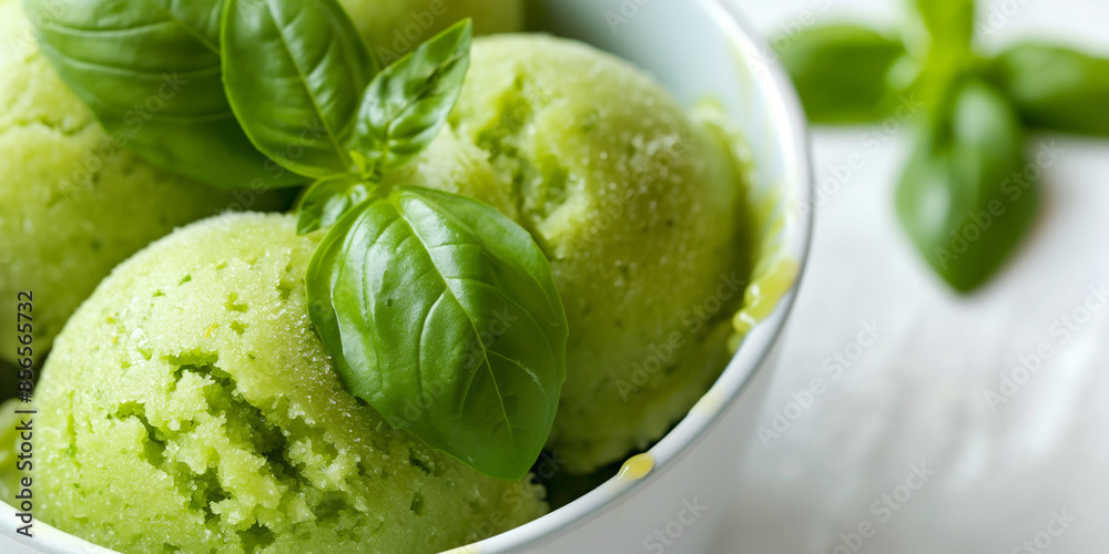 Artisan citrus basil sorbet, a closeup of artisan citrus basil sorbet, its vibrant colors and icy texture enhanced by fresh basil, set against a white background