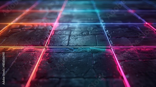 Futuristic neon-lit tiled floor with glowing gridlines creating a vibrant and colorful digital landscape. Perfect for tech and cyber themes. photo