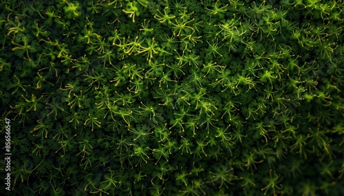 Lush green moss texture in a natural forest environment, showcasing vibrant vegetation and intricate details of the moss leaves. © narak0rn