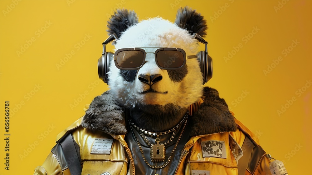 Stylish Anthropomorphic Panda Bear Wearing Streetwear Outfit and Accessories on Yellow Background Stylish Anthropomorphic Panda Bear Wearing Streetwear Outfit and Accessories on Yellow Background