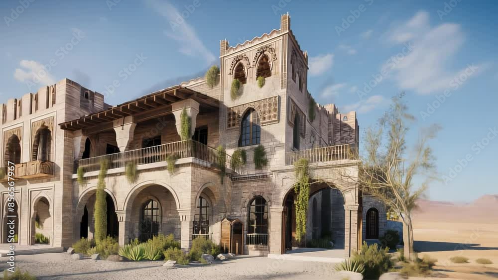 Mediterranean-style villa in a desert setting, featuring arched windows, ivy-draped balconies, and a stucco exterior. Clear blue sky and desert landscape enhance the tranquil ambiance. Mediterranean-style villa in a desert setting, featuring arched windows, ivy-draped balconies, and a stucco exterior. Clear blue sky and desert landscape enhance the tranquil ambiance.