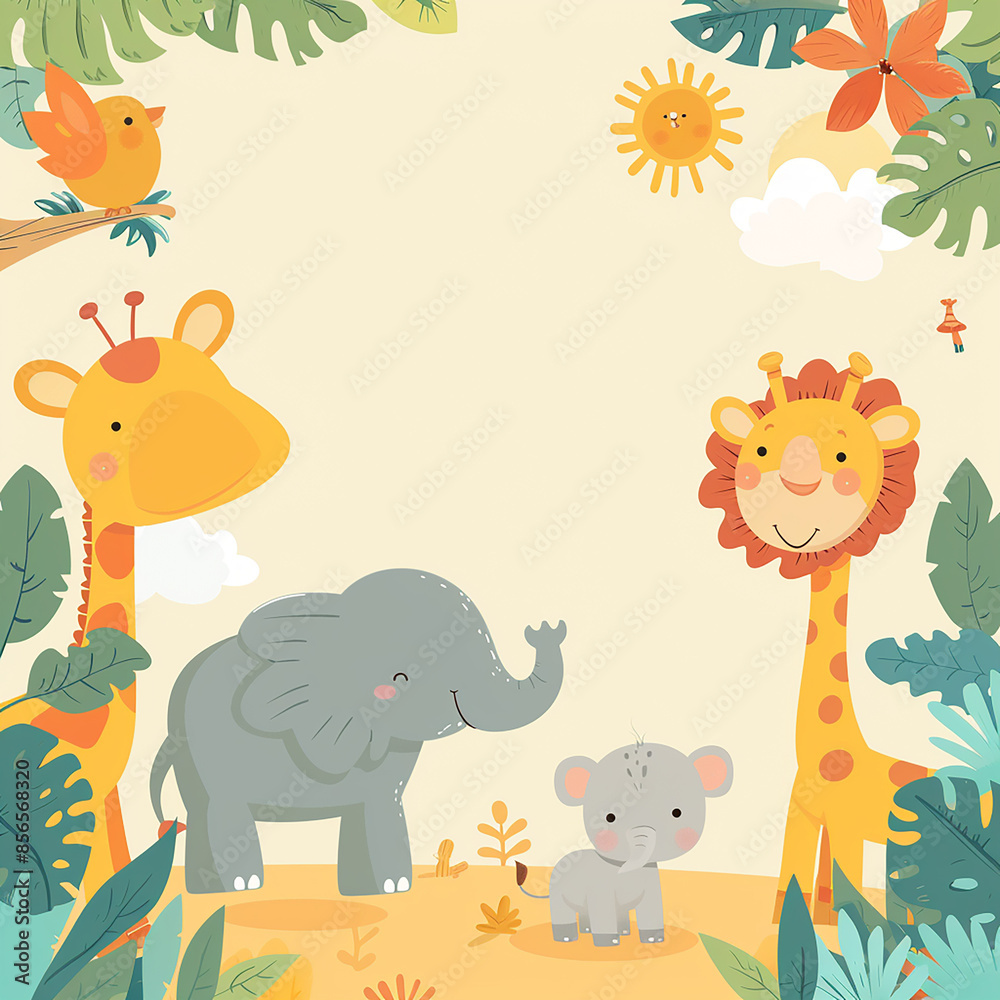 Naklejka premium A colorful, playful safari-themed birthday invitation made with generative AI