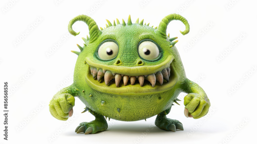 Fototapeta premium Adorable Green Monster with Antennae and Grin on White Background in Warm Light - Front View