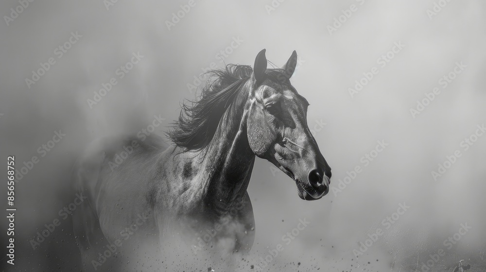 Obraz premium Monochrome image of Arabian horse in light mist Horizontal picture with text room