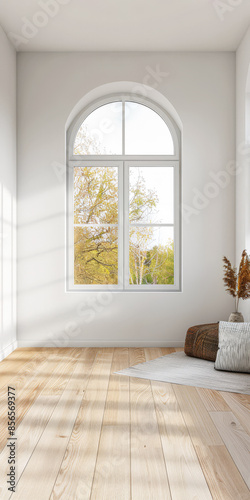 Serene corner in a living room interiors composition. Residential composition with natural window lighting  minimal furniture and wooden floors. Real Estate ad.