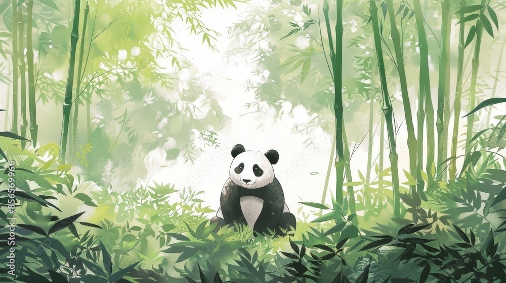 Obraz premium Watercolor Illustration of a Panda in Bamboo Forest. Gentle tones highlighting a serene panda.