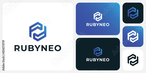 Vector logo design for the initials of the letter r in a geometric hexagon shape with a modern, simple, clean and abstract style.