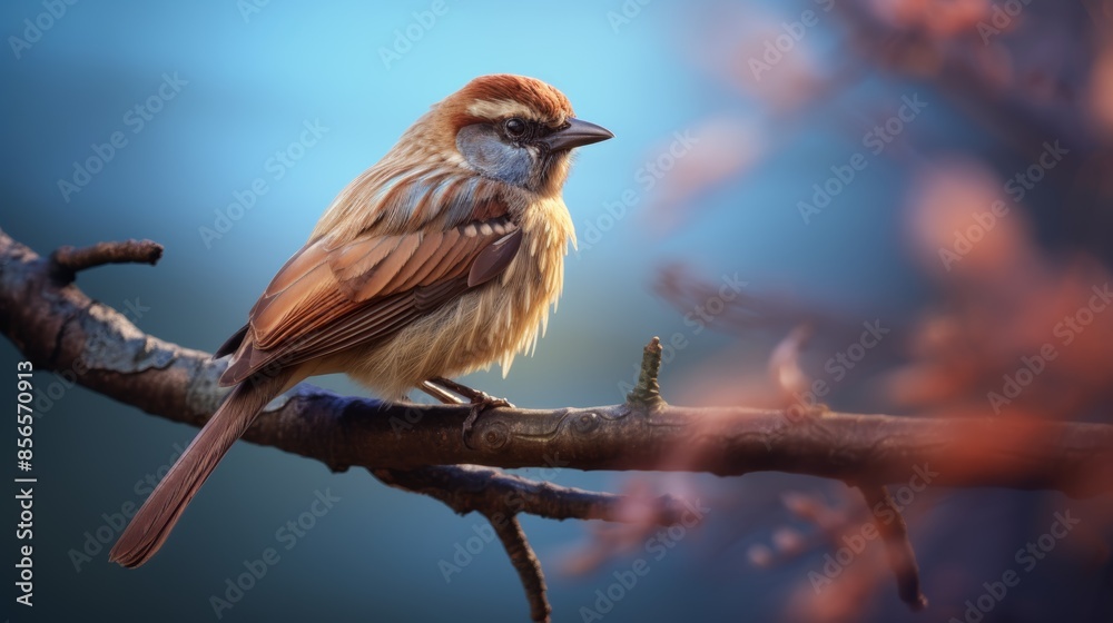 Obraz premium a bird perched on a branch, its feathers ruffled by the wind and its eyes gleaming with curiosity. 