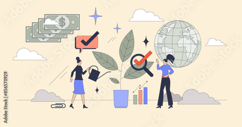 ESG investing or nature friendly investments tiny person neubrutalism concept. Environmental social governance reporting about ecological funds and financial support vector illustration. Eco company.