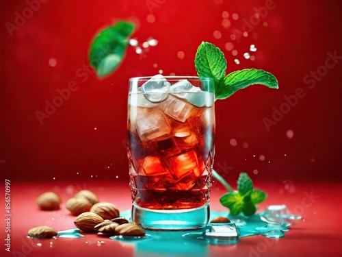 refreshing summer cocktail with mint and ice, poured into a glass glass with ice cubes and mint leaves, mint and nuts on the table, noble dark red background