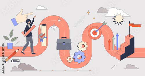 Employment goals and career success path tiny person neubrutalism concept. Goals, targets, challenges and productive work as effective strategy for professional success vector illustration.