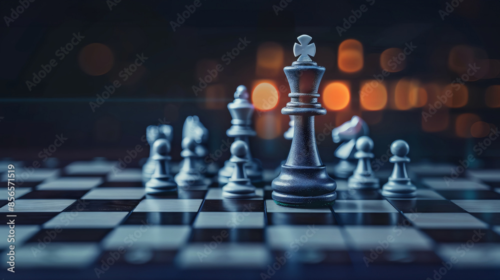 A chessboard with pieces arranged in a strategic formation, with the king standing tall in the foreground. A blurred background of glowing lights adds a dramatic touch. A chessboard with pieces arranged in a strategic formation, with the king standing tall in the foreground. A blurred background of glowing lights adds a dramatic touch.