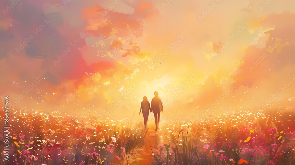 Pink and orange pastel flower field and character illustration poster background Pink and orange pastel flower field and character illustration poster background
