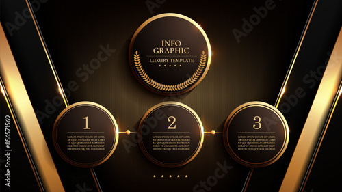 business luxury infographic templates, gold black color, flow chart data visualization for abstract background template 3 steps options.