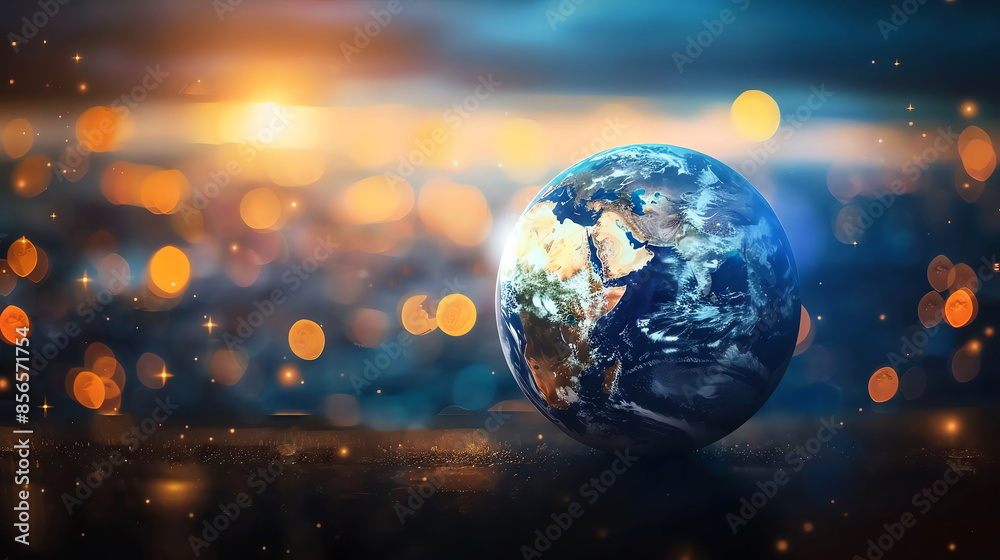 A glowing Earth with a vibrant blue and green surface, surrounded by sparkling bokeh lights, representing hope and a bright future. A glowing Earth with a vibrant blue and green surface, surrounded by sparkling bokeh lights, representing hope and a bright future.