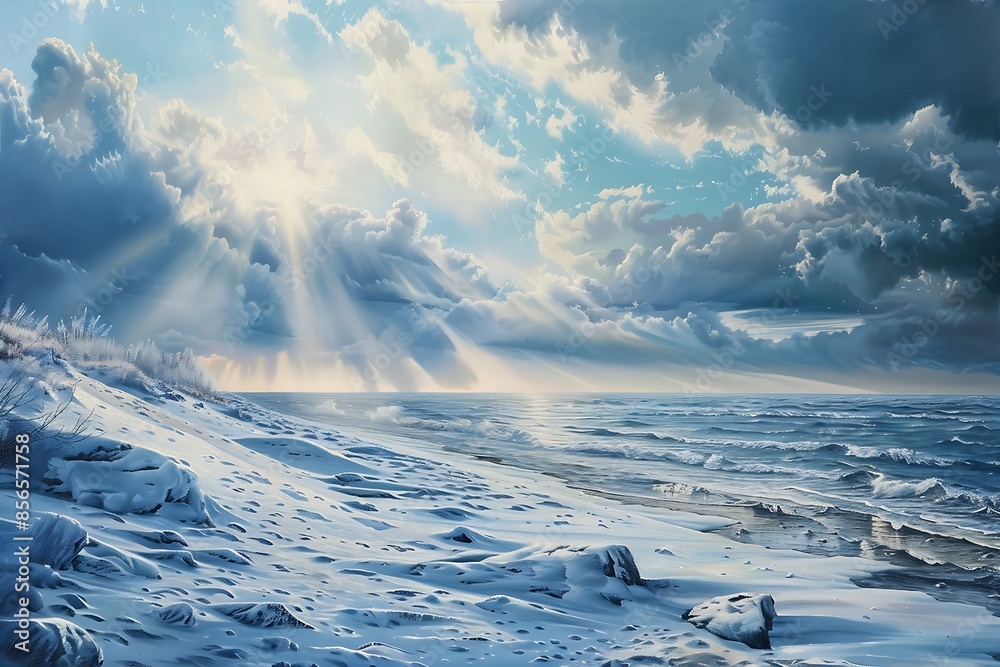 Obraz premium A snowy beach with clouds and sun rays