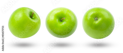 Flying green apple collection and shadow isolated on white background , clipping path.