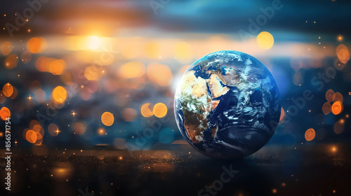 A glowing Earth with a vibrant blue and green surface, surrounded by sparkling bokeh lights, representing hope and a bright future.