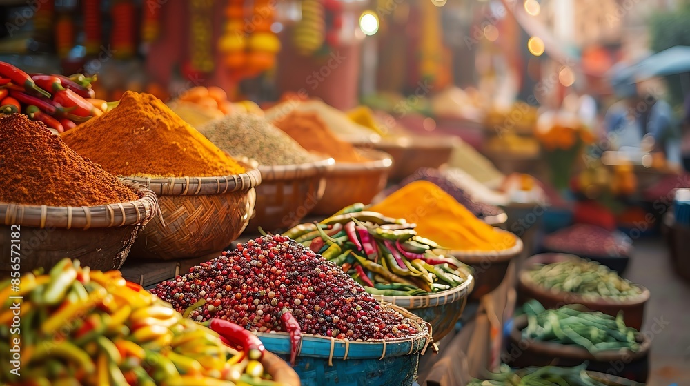 Fototapeta premium A vibrant display of spices and chili peppers in a bustling market. The colors and textures create a visual feast.