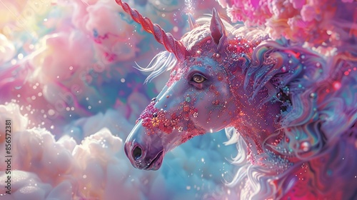 A magical unicorn adorned with sparkling decorations, surrounded by a dreamy, colorful cloudscape, embodies fantasy and wonder. © artfulserenity8