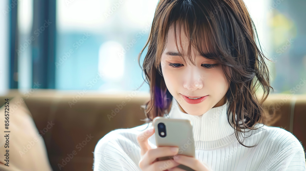 A young woman in a white sweater uses her phone while sitting in a cafe. She has a neutral expression on her face. A young woman in a white sweater uses her phone while sitting in a cafe. She has a neutral expression on her face.