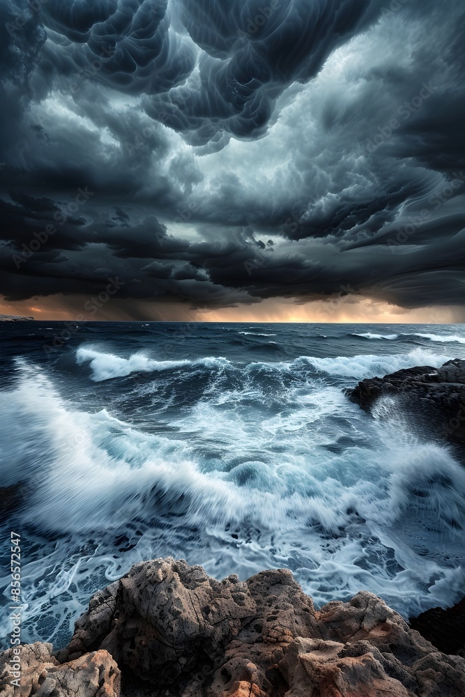 Fototapeta premium Dramatic Stormy Sky Looming Over Powerful Ocean Waves Crashing Against Rocky Coastline