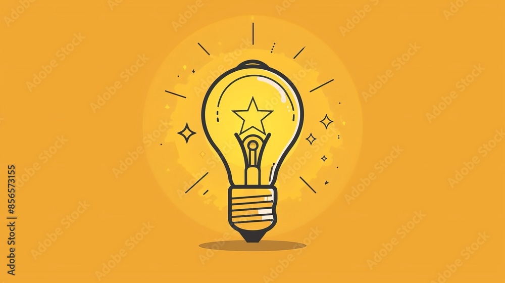 Illuminating Line Art Light Bulb with Star Inside on Soft Yellow Background Illuminating Line Art Light Bulb with Star Inside on Soft Yellow Background