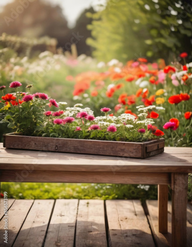 Wallpaper Mural Wooden Box with Flowers on a Wooden Table, Serving as a Pedestal for Displaying Products Torontodigital.ca
