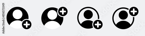 Add user icon set. Person profile avatar with plus, add account symbol. Vector flat illustration