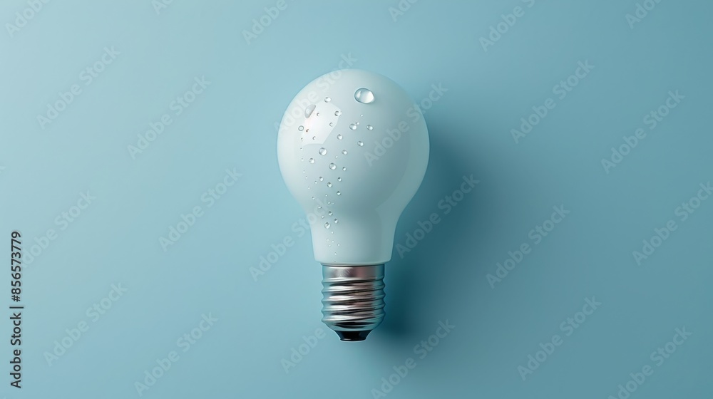 Illuminating Creativity - Minimalistic Light Bulb with Water Drops on Pastel Blue Background Illuminating Creativity - Minimalistic Light Bulb with Water Drops on Pastel Blue Background