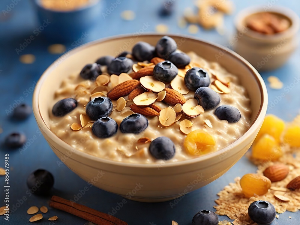a plate of oatmeal porridge decorated with blueberries, almond petals and whole nuts.