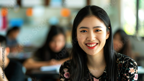 portrait cheerful female of student in the classroom to convey the spirit study © dropideas