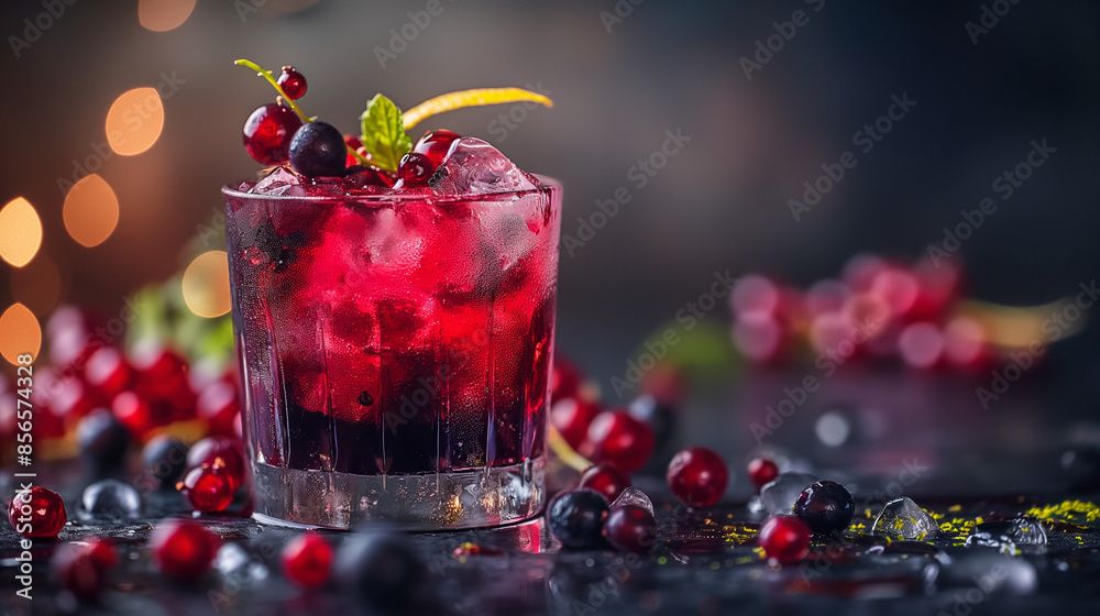 An image of a deep-flavored blackcurrant cordial cocktail, served in a glass with ice, garnished with currants and citrus zest An image of a deep-flavored blackcurrant cordial cocktail, served in a glass with ice, garnished with currants and citrus zest