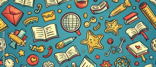 A colorful and playful cartoon doodle seamless pattern featuring various school supplies and icons. Perfect for back-to-school projects. Back to school.