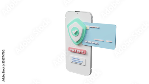 PNG.Minimal 3D rendering credit card money financial security for online shopping, online payment with payment protection. 3d icon mobile smartphone password security. money finance icon illustration